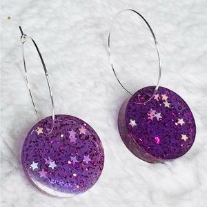 Purple Galaxy Glitter Resin Pendant Hoop Earrings